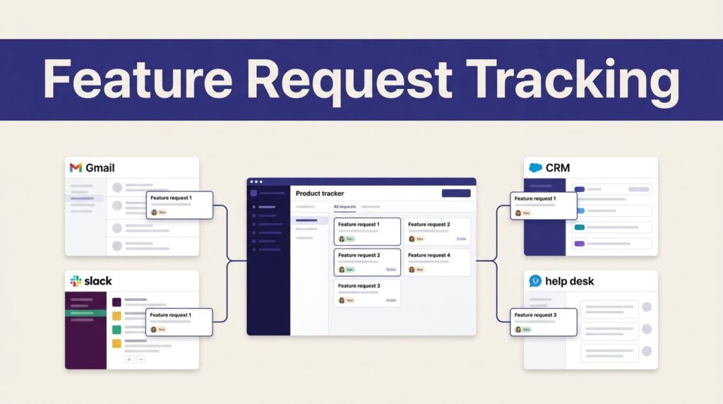 A product tracker gathers feature requests from email, chat, CRM, and help desk panels.
