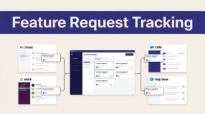 A product tracker gathers feature requests from email, chat, CRM, and help desk panels.