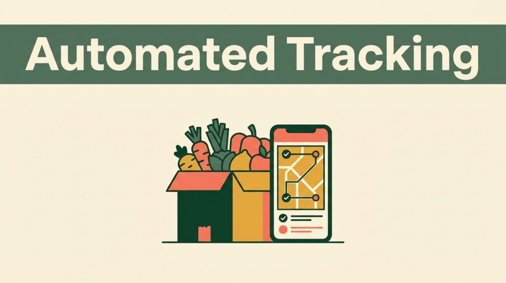 Grocery box and smartphone showing a verified delivery route and status updates.