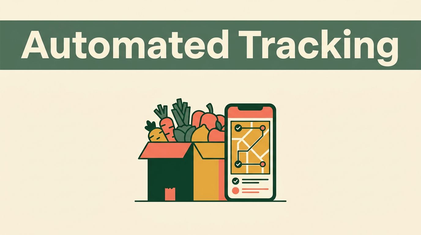 Grocery box and smartphone showing a verified delivery route and status updates.