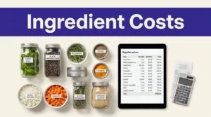 Labeled ingredients, a tablet, calculator, and receipt arranged beneath an indigo headline band.