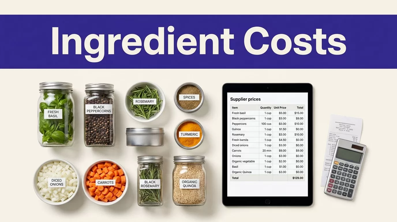 Labeled ingredients, a tablet, calculator, and receipt arranged beneath an indigo headline band.