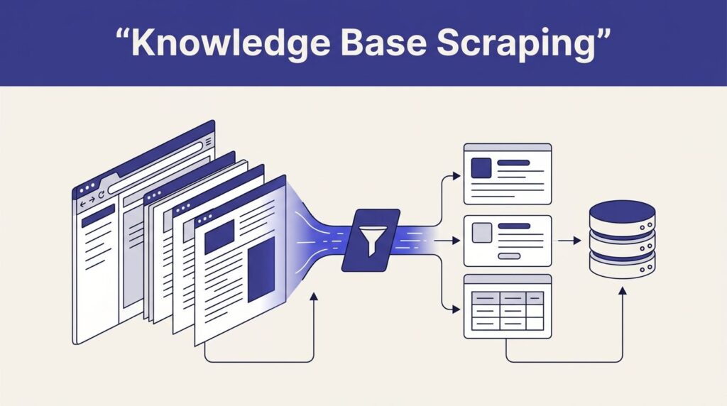 Documentation pages flow through an indigo stream into organized knowledge cards and database records.