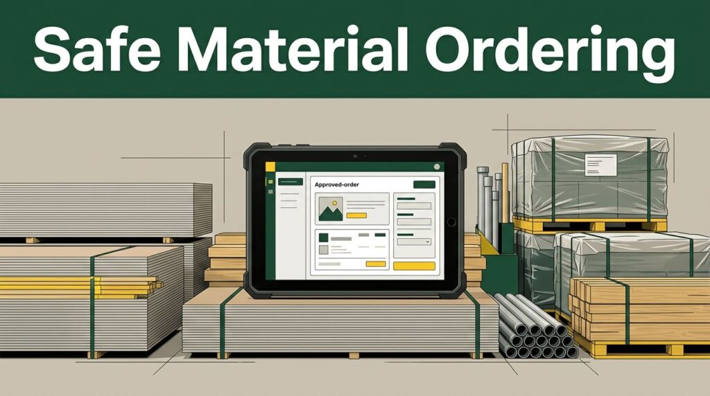 Organized construction supplies surround a tablet beneath a green Safe Material Ordering banner.