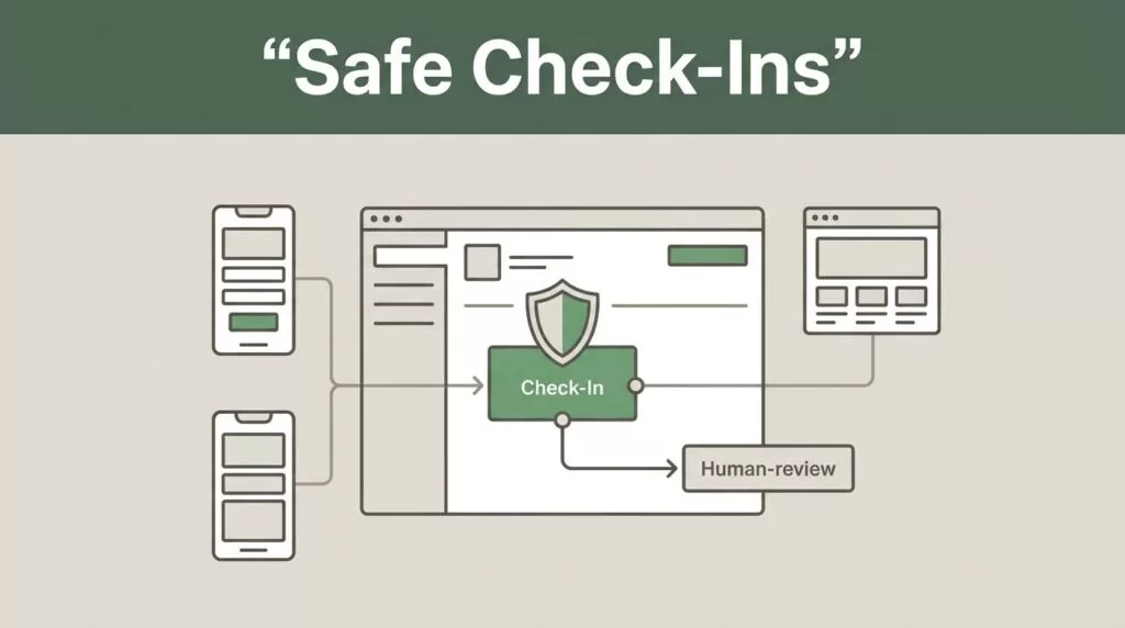 Dashboard showing a secure green check-in workflow with human review.
