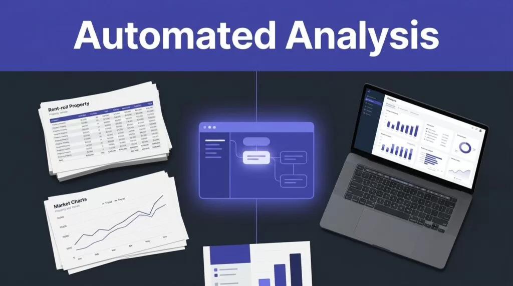 Laptop showing a property analysis dashboard beside real estate documents and market charts.