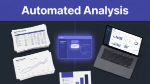 Laptop showing a property analysis dashboard beside real estate documents and market charts.