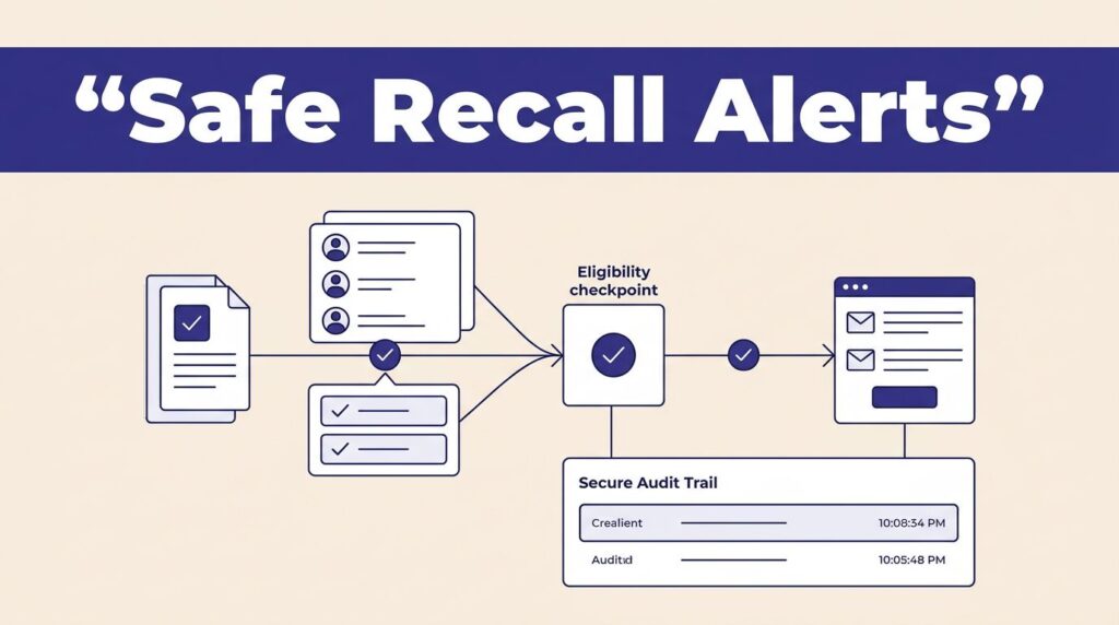 Dashboard showing a recall record moving through approval into a notification channel.