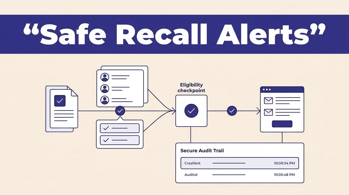 Dashboard showing a recall record moving through approval into a notification channel.