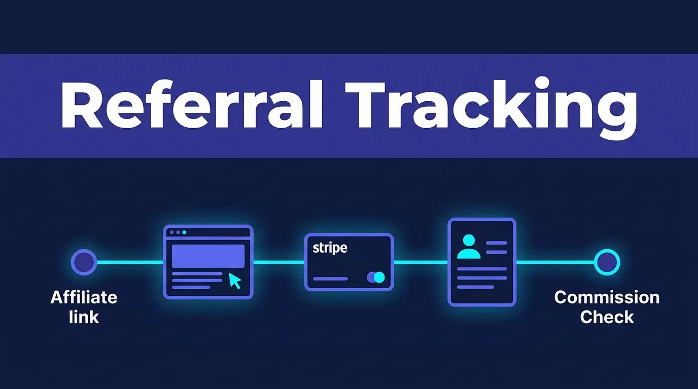 A glowing pathway connects an affiliate link, browser window, payment card, customer record, and commission check.