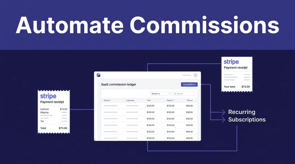 A commission dashboard linked to a payment receipt and recurring subscription arrows.