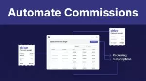 A commission dashboard linked to a payment receipt and recurring subscription arrows.