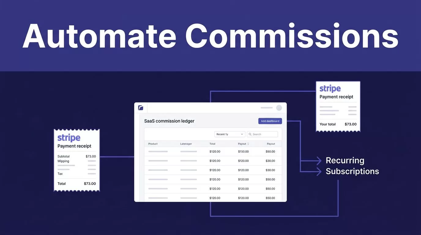 A commission dashboard linked to a payment receipt and recurring subscription arrows.