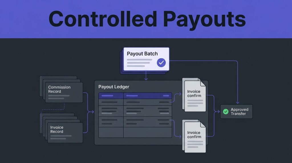 A highlighted payout batch connects commissions and invoices in a controlled ledger flow.