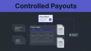 A highlighted payout batch connects commissions and invoices in a controlled ledger flow.