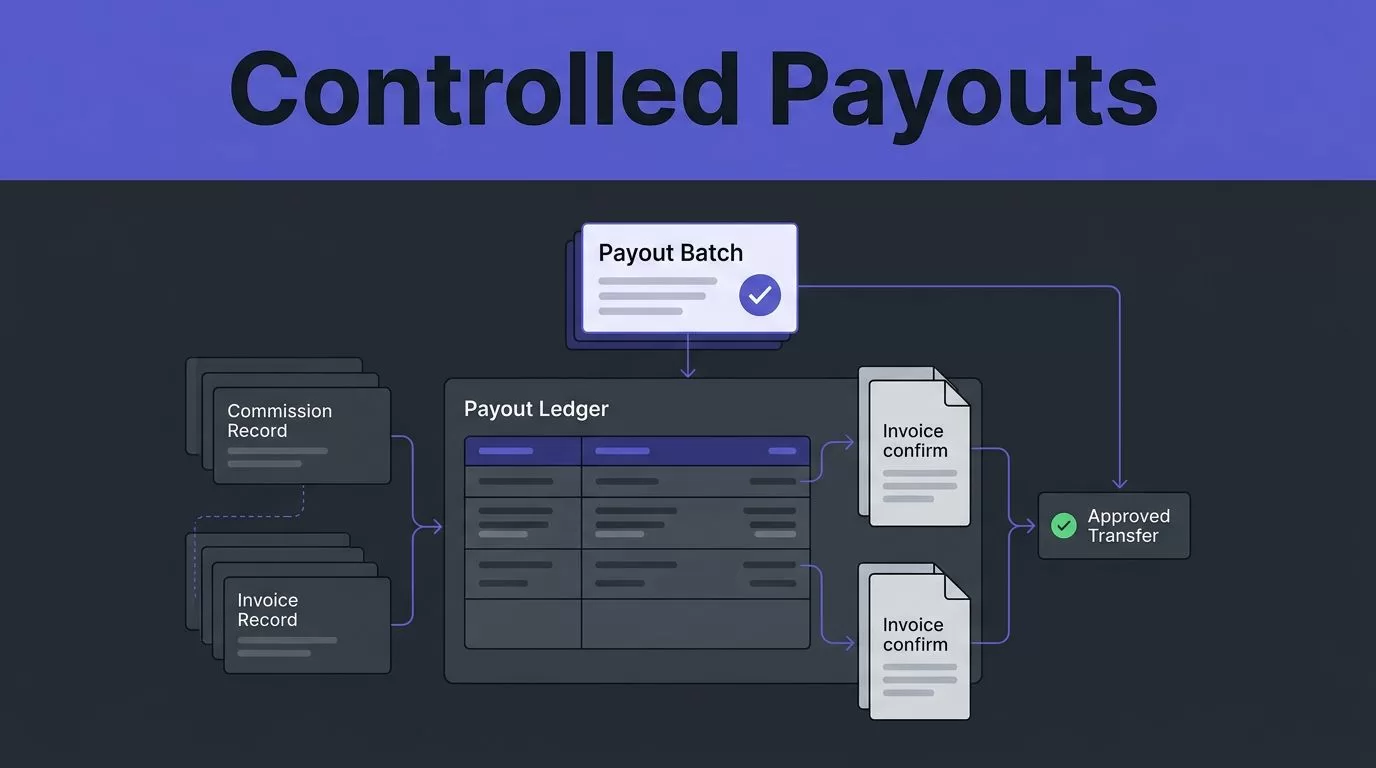 A highlighted payout batch connects commissions and invoices in a controlled ledger flow.