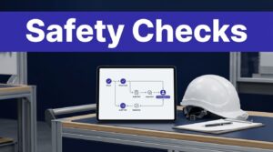 Tablet showing safety checks beside a helmet and clipboard.