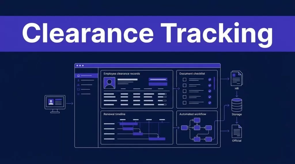 Security dashboard showing clearance records, renewal dates, checklists, and connected workflows.