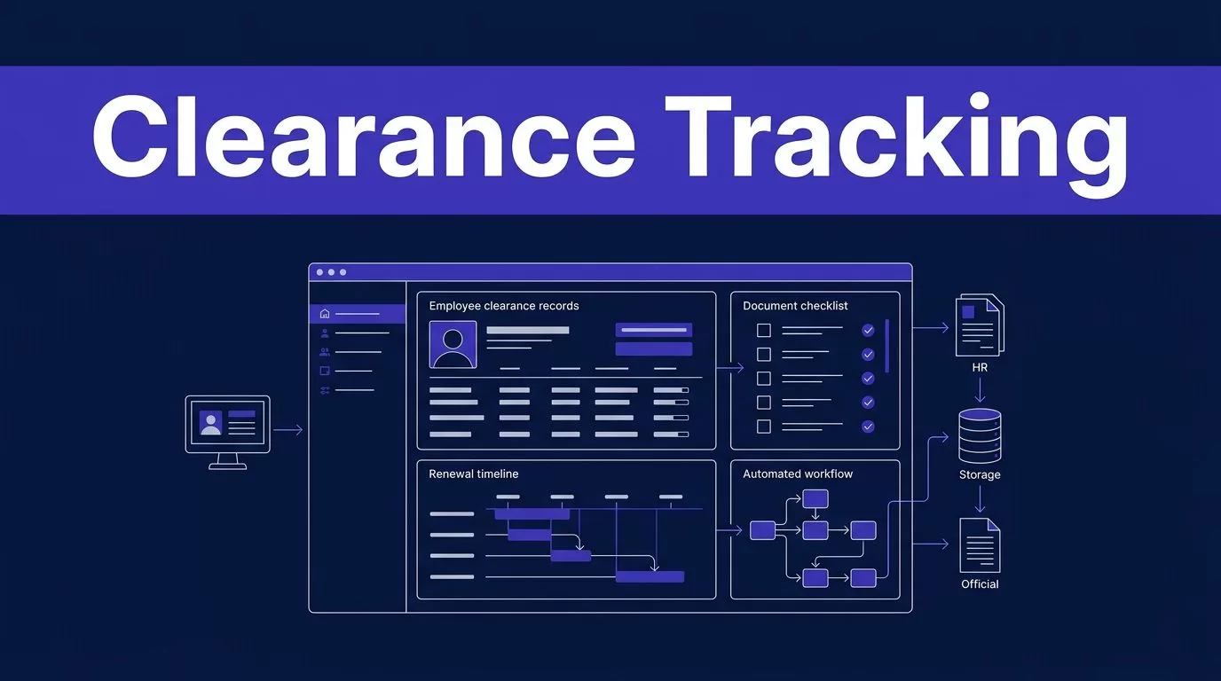 Security dashboard showing clearance records, renewal dates, checklists, and connected workflows.