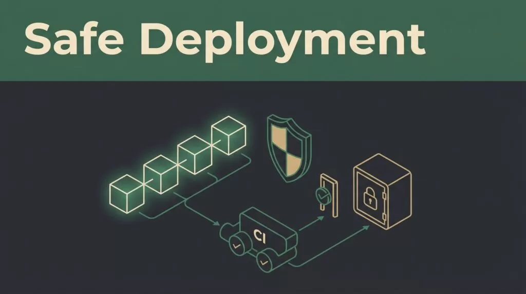 Dark graphic showing blockchain blocks connected to a pipeline, shield, approval gate, and vault.