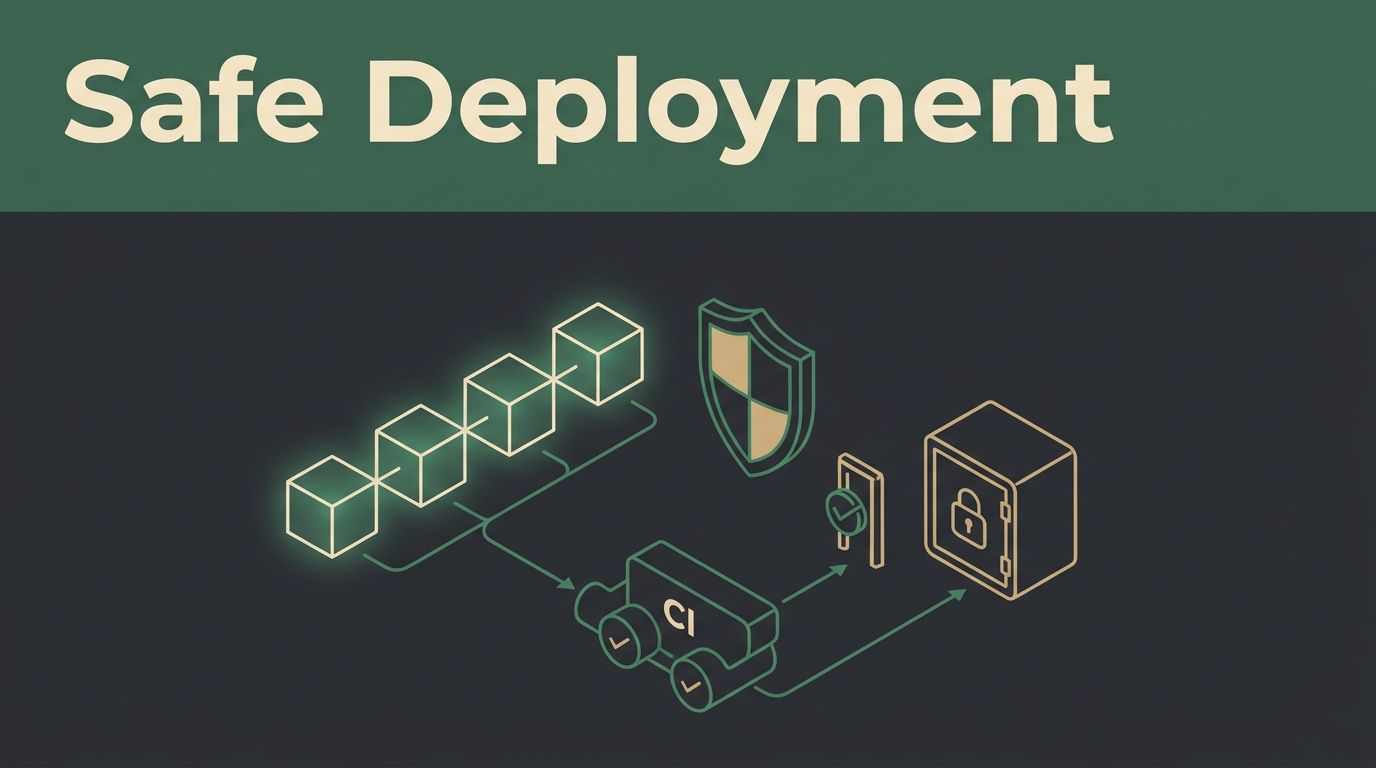 Dark graphic showing blockchain blocks connected to a pipeline, shield, approval gate, and vault.