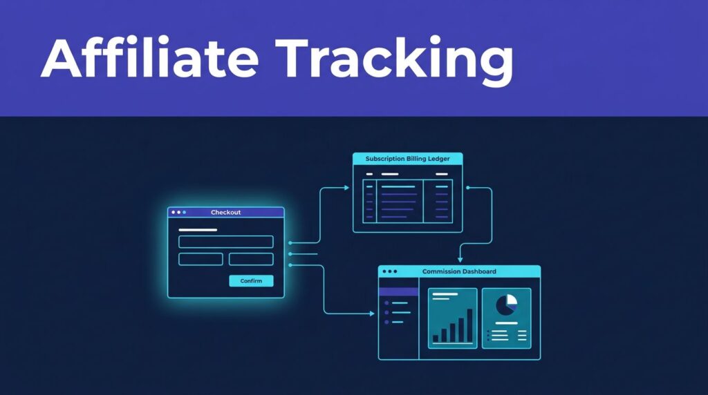 Checkout data flows to a billing ledger and commission dashboard.