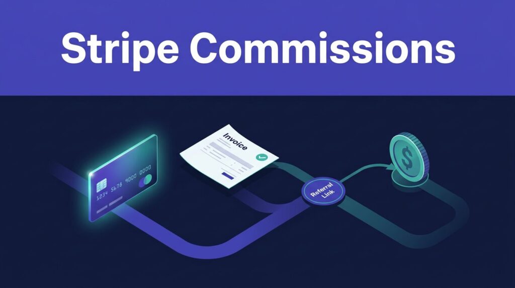 Payment card, invoice, referral node, and commission coin connected beneath a Stripe Commissions banner.
