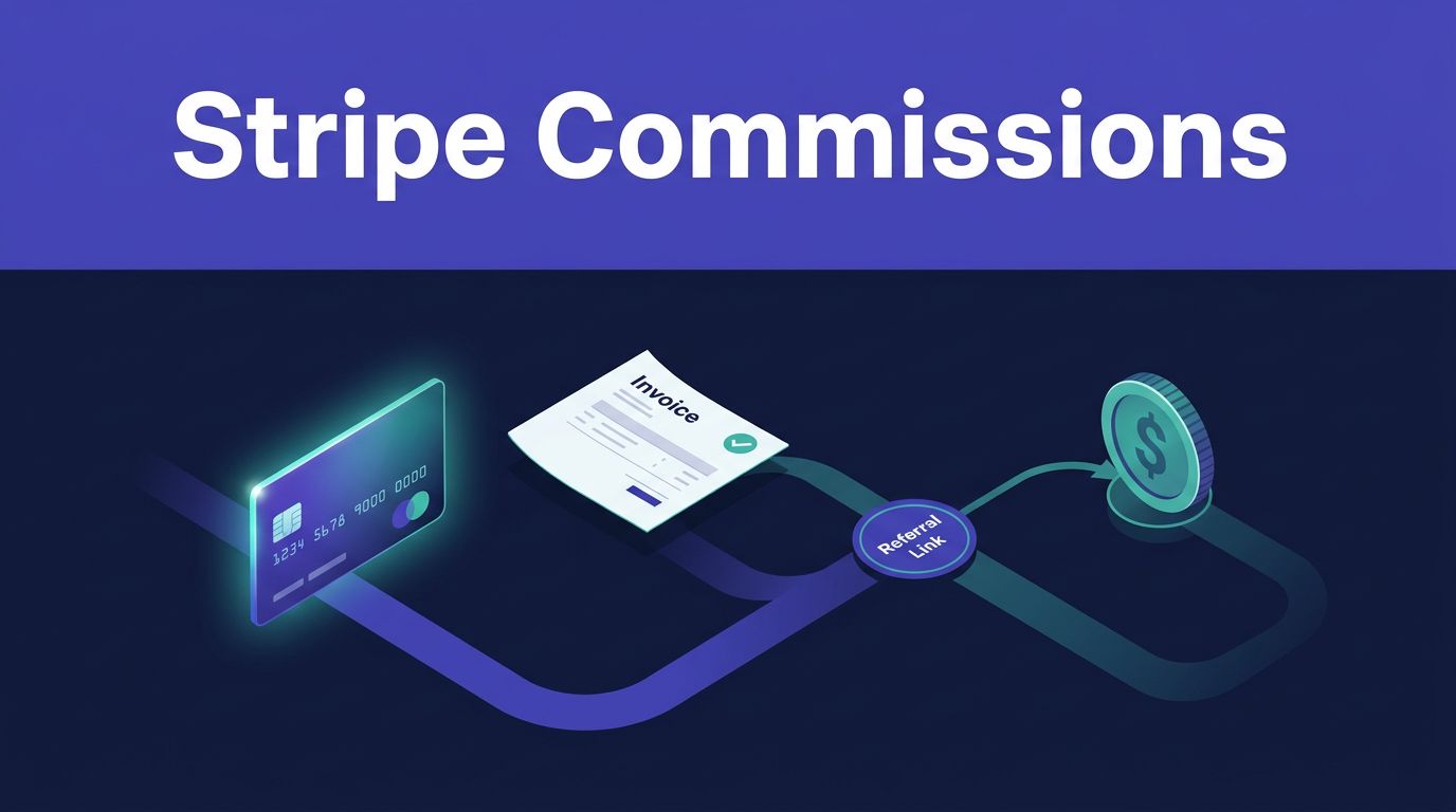 Payment card, invoice, referral node, and commission coin connected beneath a Stripe Commissions banner.