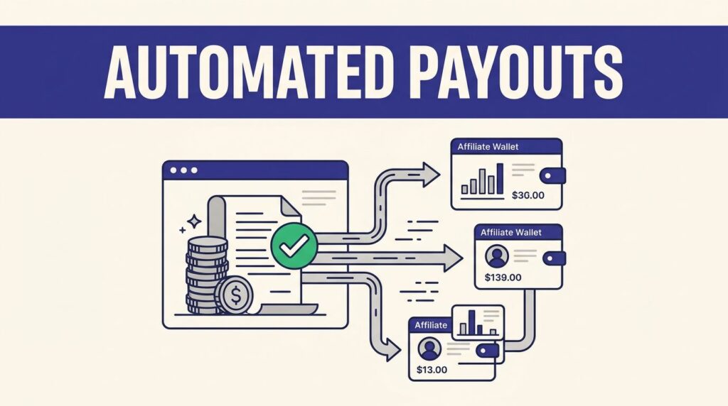 A payout dashboard sends an approved commission batch to several affiliate wallet cards.