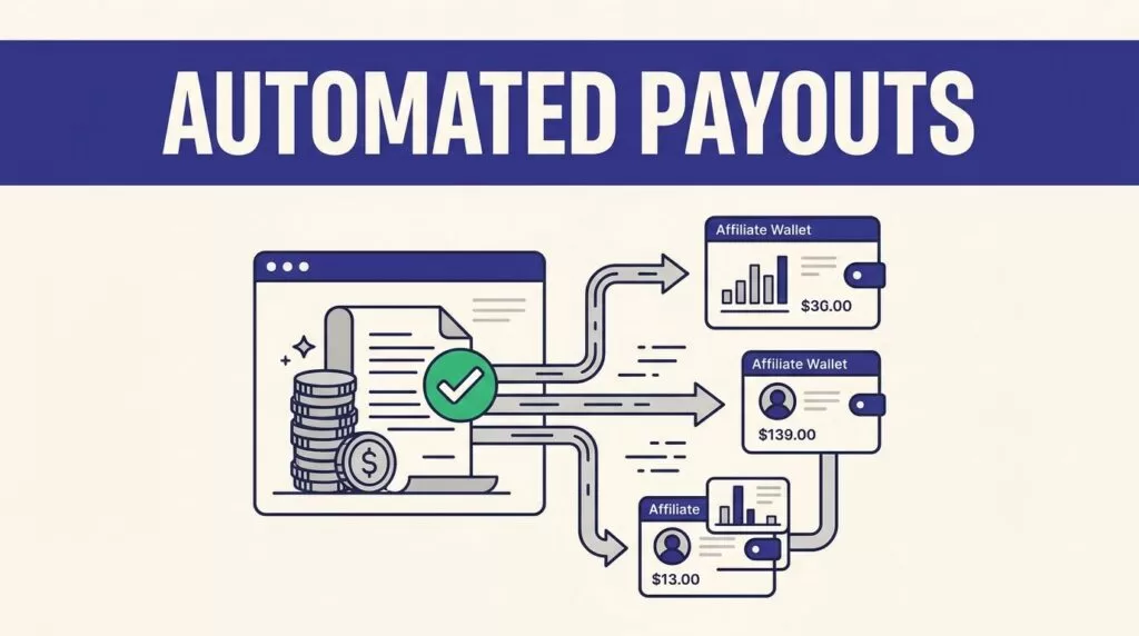 A payout dashboard sends an approved commission batch to several affiliate wallet cards.