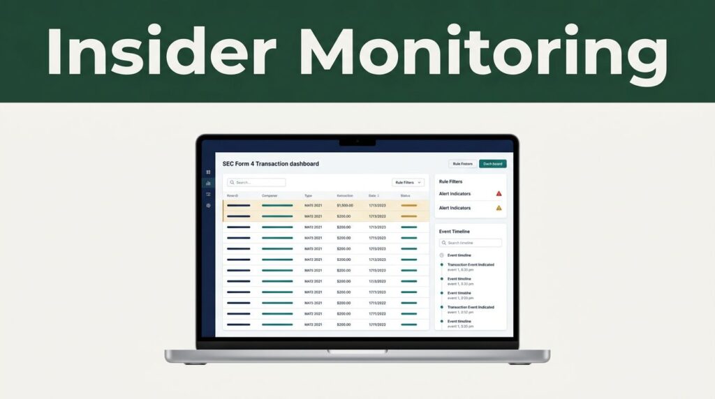 Laptop showing an insider trading monitoring dashboard beneath a green header.