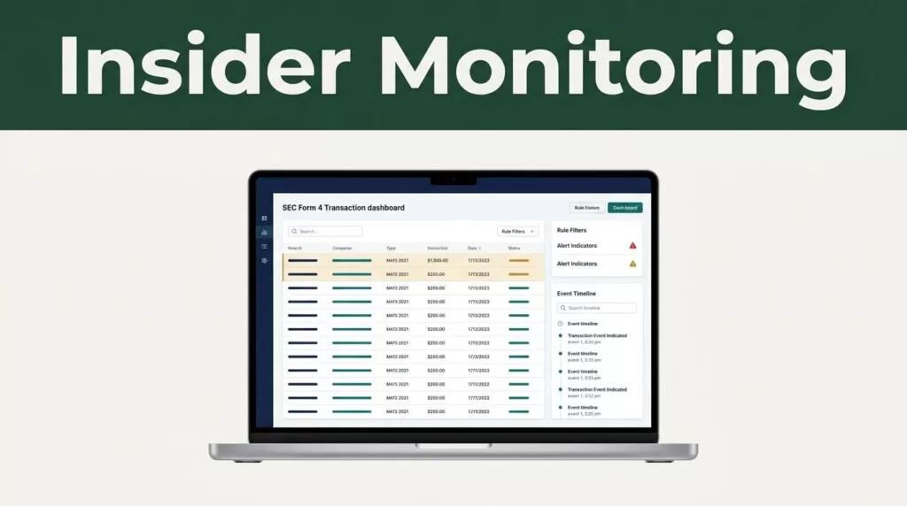 Laptop showing an insider trading monitoring dashboard beneath a green header.