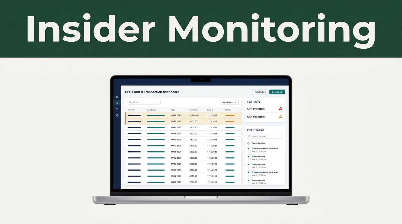 Laptop showing an insider trading monitoring dashboard beneath a green header.