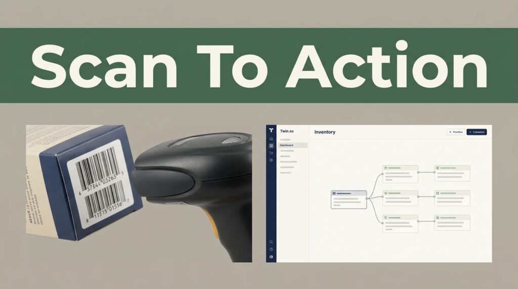 A barcode scanner aims at a labeled box beside an inventory workflow display.