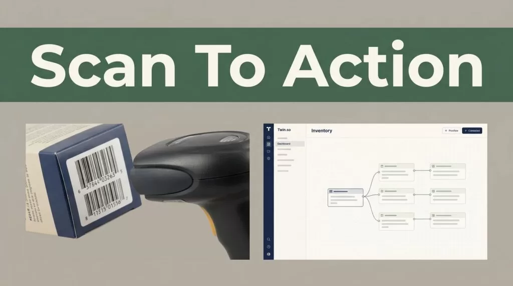 A barcode scanner aims at a labeled box beside an inventory workflow display.