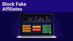 Laptop dashboard flags suspicious affiliates while protecting a verified partner.