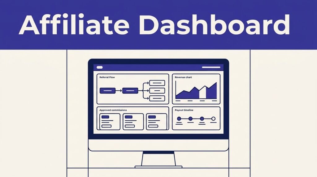 Monitor showing a B2B affiliate portal with charts and commission cards.