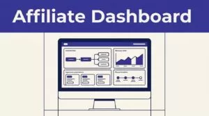Monitor showing a B2B affiliate portal with charts and commission cards.