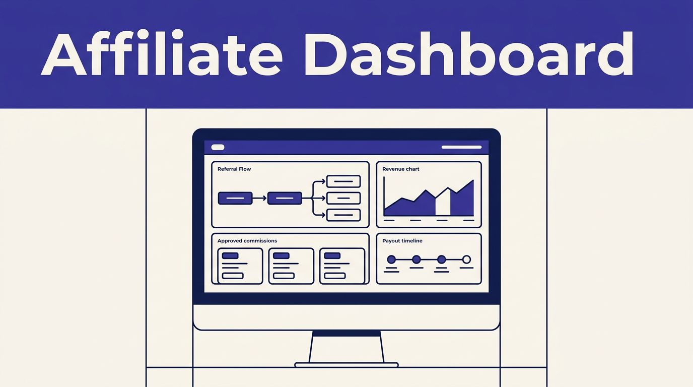 Monitor showing a B2B affiliate portal with charts and commission cards.