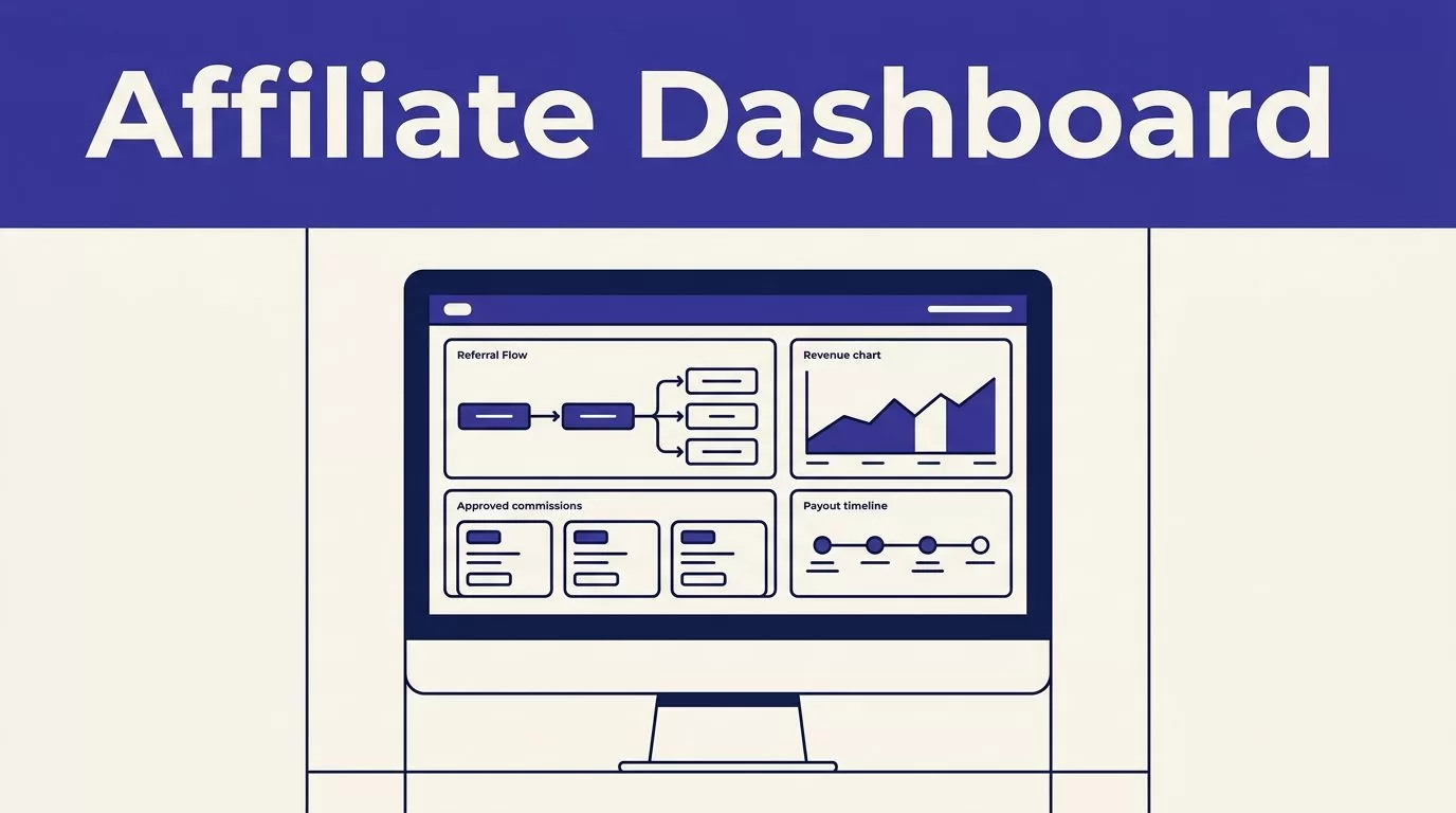 Monitor showing a B2B affiliate portal with charts and commission cards.