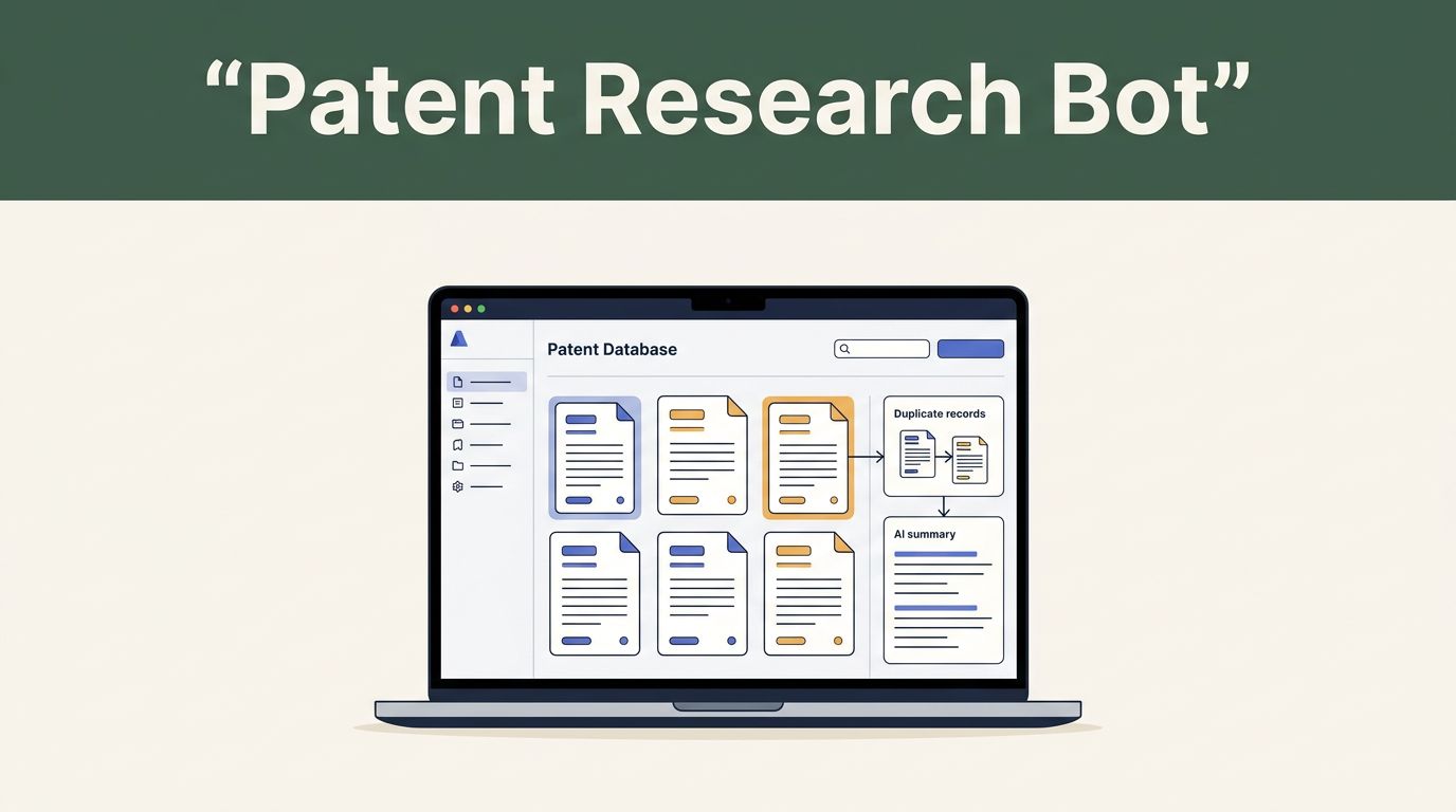 Laptop showing patent records, merged duplicates, and highlighted summaries.