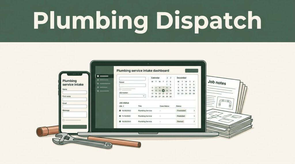 A phone and laptop display a plumbing dashboard beside a wrench, copper pipe, and job notes.