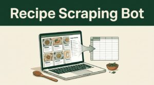 Laptop showing recipe cards beside a spreadsheet grid on a cream background.