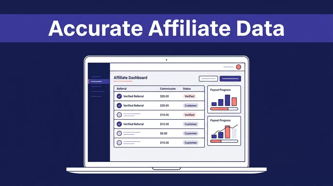 Laptop showing affiliate referrals, commissions, customer statuses, and payout progress.