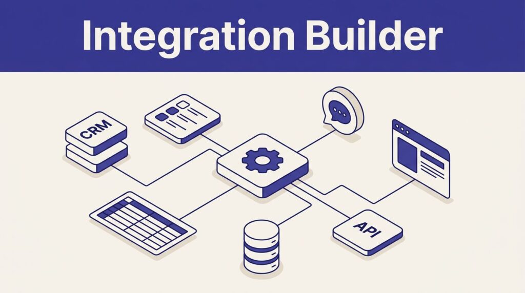 An isometric hub connects business apps, an API, and a browser window with indigo lines.