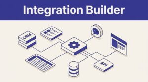 An isometric hub connects business apps, an API, and a browser window with indigo lines.