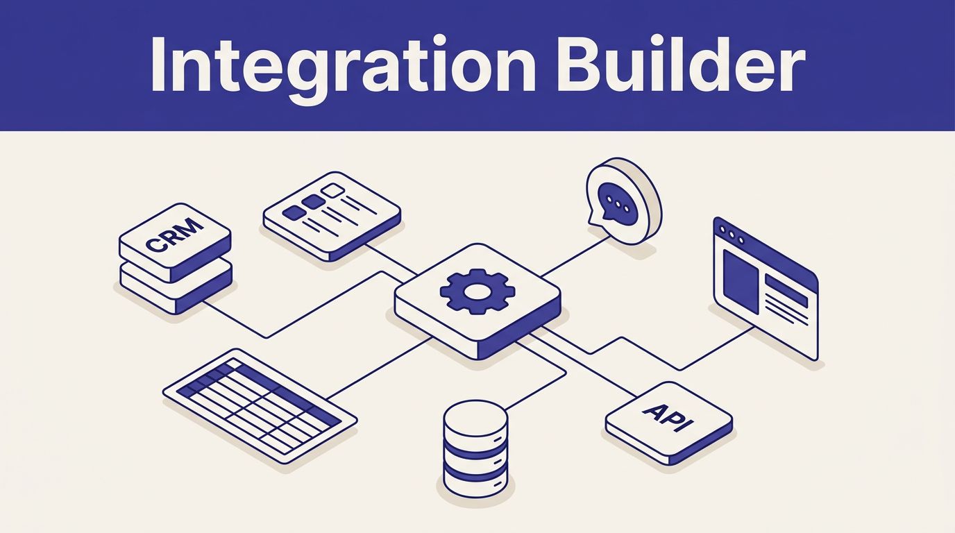 An isometric hub connects business apps, an API, and a browser window with indigo lines.