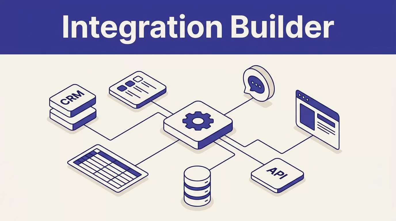 An isometric hub connects business apps, an API, and a browser window with indigo lines.