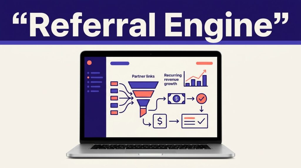Laptop displaying a referral funnel dashboard beneath a bold indigo headline band.