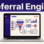 Laptop displaying a referral funnel dashboard beneath a bold indigo headline band.